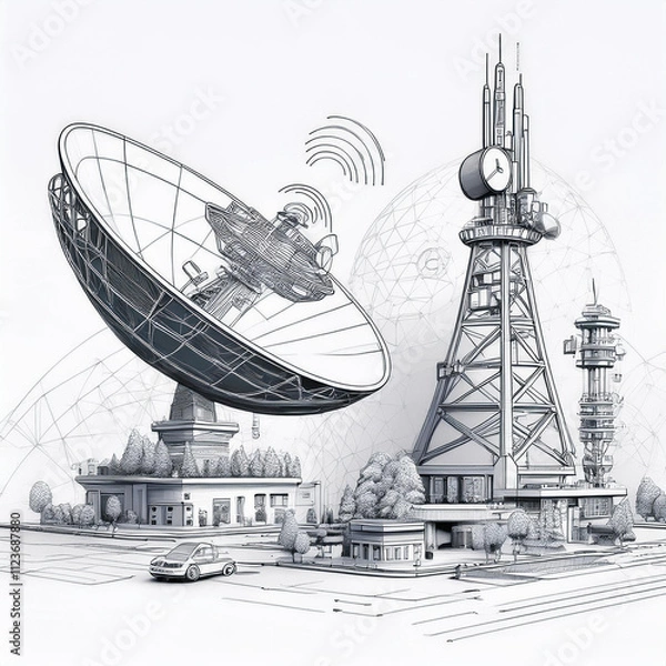 Fototapeta Professional greeting card for network providers featuring antenna, mobile, and communication symbols.