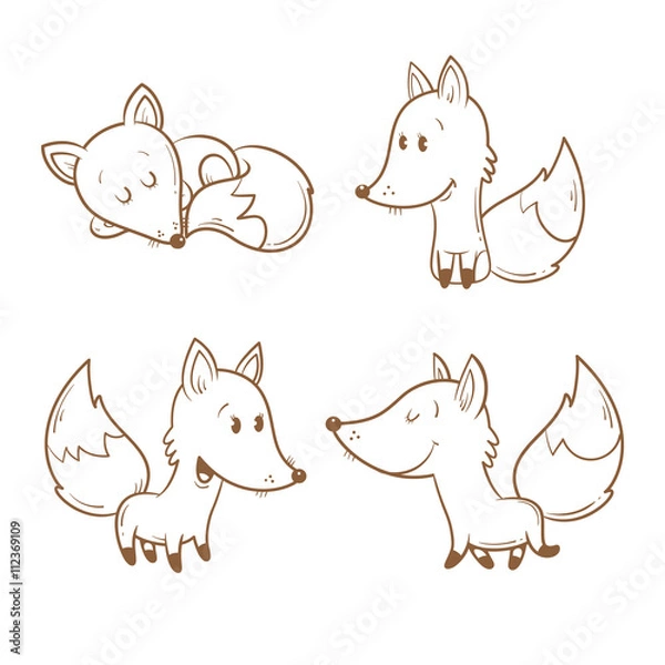 Fototapeta Cute cartoon foxes set. Funny forest animals. Four foxes  in different poses. Children's illustration. Vector contour image. Transparent background..