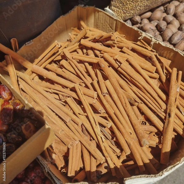 Fototapeta Box of cinnamon spices, nuts and dry fruits at mediterranian market