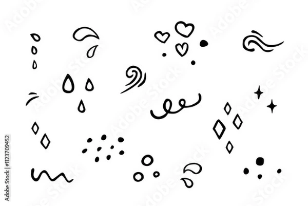 Fototapeta Vector doodles set. Collection of hand drawn elements: hearts, drops, wind, water, sparkles, stars.