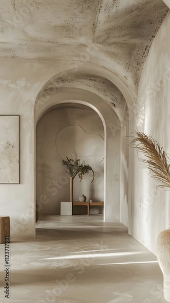 Fototapeta This tranquil space features a minimalist archway design, indoor plants, and textured walls, creating a stylish, contemporary, and airy look with the use of natural light