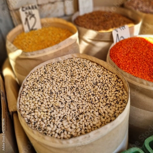 Fototapeta Close up of peas and kidney beans in the market
