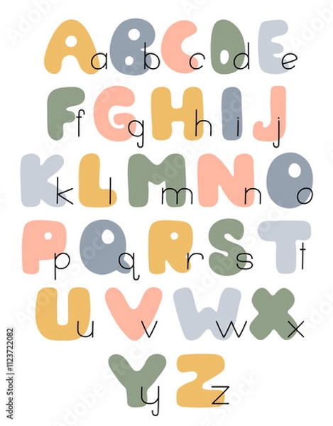 Fototapeta An educational poster with the English alphabet for the interior of a children's room. Hand-drawn font in pastel colors for learning the alphabet, poster design, cover, title. The original ABC.