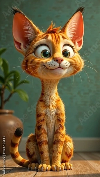 Fototapeta A cartoon-style ginger cat with expressive, large eyes and a playful smile sits indoors on a wooden floor. Its fur is detailed and shiny, with a whimsical and cheerful appearance. 