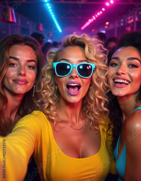 Fototapeta woman influencer taking a group selfie at a party, fun vibe, party lights background in the club with glitter