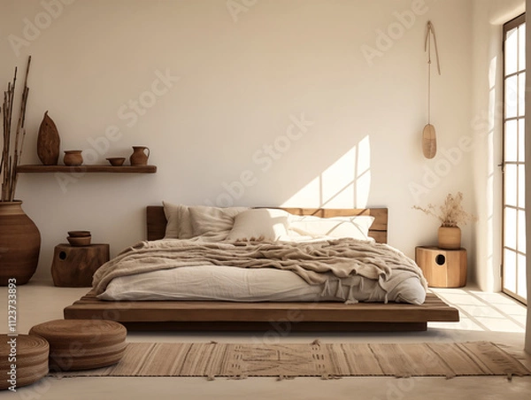 Fototapeta Modern nomadic interior bedroom. Modern tribal interior. Neutral colors and prairie style decor.