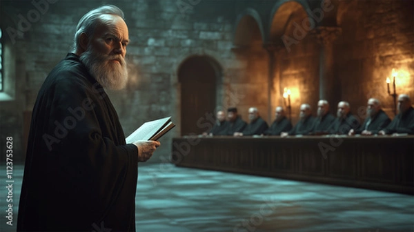 Obraz Galileo Galilei addressing the Inquisition in a dimly lit chamber, historic trial scene.  
