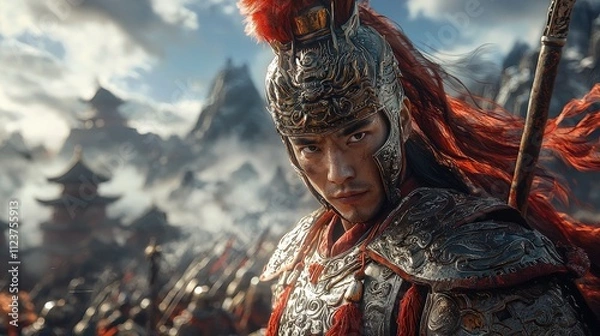 Fototapeta Warrior in ornate helmet and armor, intense gaze, mountains and army in background.