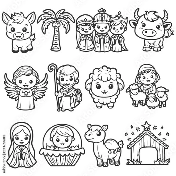 Fototapeta Nativity of Jesus doodle characters have a fun kawaii cartoon style. Christmas icon vector line art clipart.