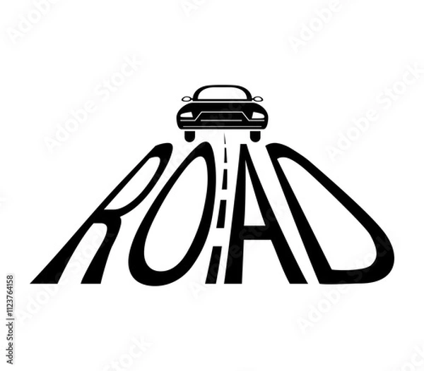 Fototapeta Logo. Drawing of a car and a road. The road is made in the form of a word. Vector illustration in black isolated on a white background