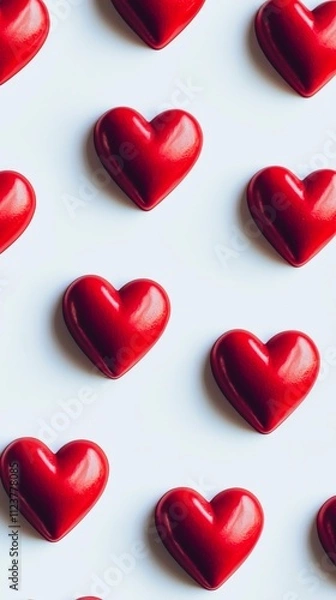 Fototapeta Shiny red hearts are arranged neatly on a white backdrop, creating a visually appealing and romantic pattern perfect for valentine's day or any love-themed project