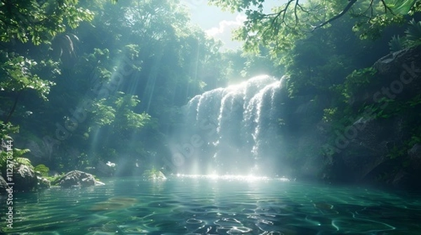 Obraz Majestic Waterfall Cascading into Crystal-Clear Pool in a Lush Forest