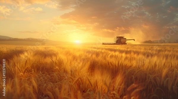 Obraz Golden Wheat Harvest Scene with Combine Harvester in Action