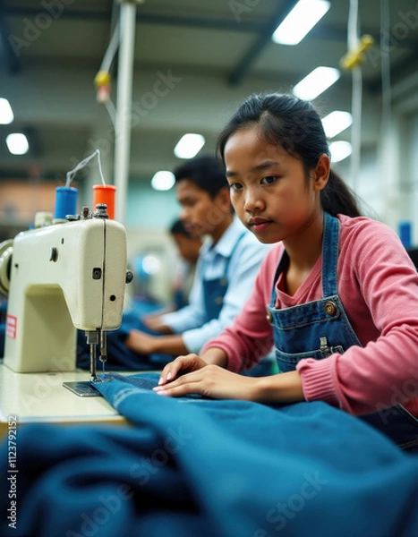 Obraz woman teenager men workers textile factory in a sweat shop in Indonesia making sewing denim jeans, fast fashion social problems and effects