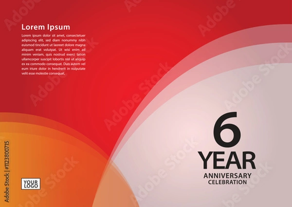 Fototapeta 6 year anniversary celebration logotype on red background for poster, banner, leaflet, flyer, brochure, web, invitations or greeting card, 6 number design, 6th Birthday invitation, anniversary logo