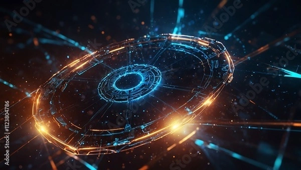 Obraz A glowing, futuristic circular object emits orange and blue lights, surrounded by particles and dynamic energy effects.