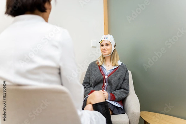 Fototapeta A young Caucasian woman talks to a psychologist while undergoing transcranial direct current stimulation to treat anxiety or depression. TDCS concept.