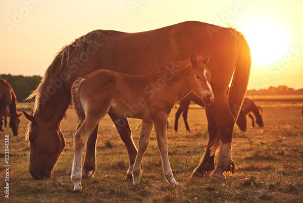 Fototapeta A chestnut draft foal standing next to his mother on a meadow under the evening sun. A red mare with a foal grazes in a field in a herd