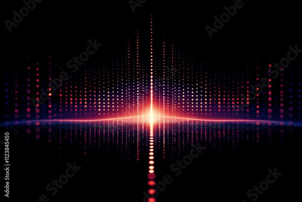 Fototapeta Vibrant equalizer visualization with glowing red center and dynamic light bars fading into black background, representing music and energy.