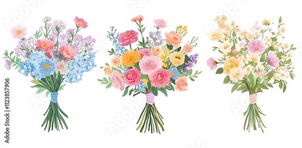 Fototapeta Cute cartoon vector-style flower bouquets isolated on a white background, a simple flat illustration of three different flower bouquets, cartoon vector design for a children's book