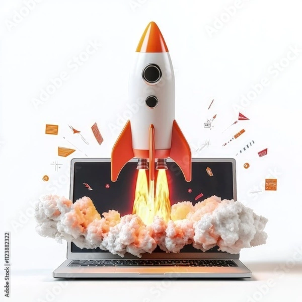 Fototapeta Rocket launching from laptop screen, symbolizing fast business growth and success.