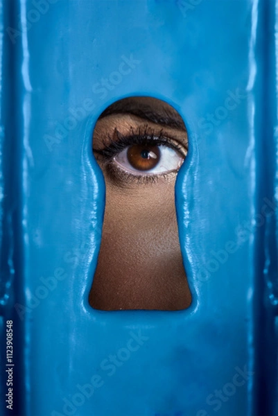 Obraz Female eye looking through a keyhole. 