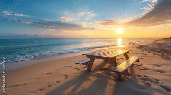 Fototapeta Solitary picnic table on a tranquil beach at sunset, footprints in the sand.