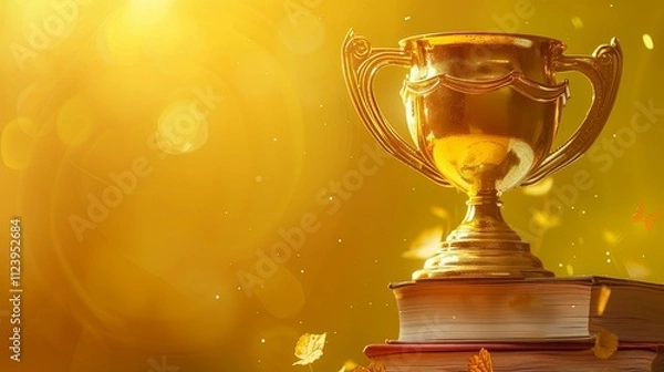 Fototapeta Golden Trophy Rests Atop Stack of Books, Illuminated by Warm Sunlight