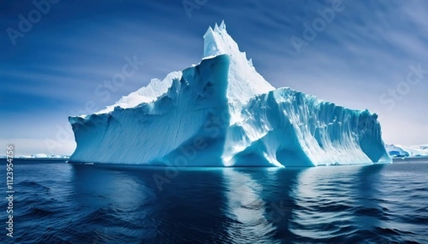 Fototapeta Massive frozen mountain floating in cold ocean waters, towering above surface with hidden depths below.
