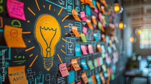Fototapeta Brainstorming Session: Idea Generation on a Chalkboard with Sticky Notes