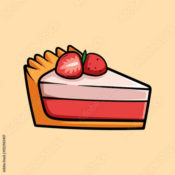 Fototapeta slice of strawberry pie isolated colored drawing line art style design illustration
