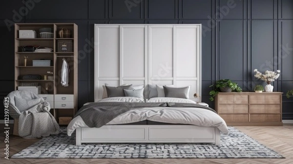 Fototapeta A beautifully arranged modern bedroom featuring a spacious bed, elegant lighting, and tasteful furnishings that create a serene atmosphere
