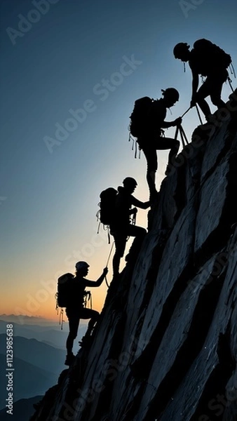 Fototapeta silhouette of a mountain climbing team