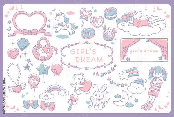 Obraz ゆめかわ、ガーリーなパステルトーンのイラスト素材。フレームも。ベクターイラスト素材。