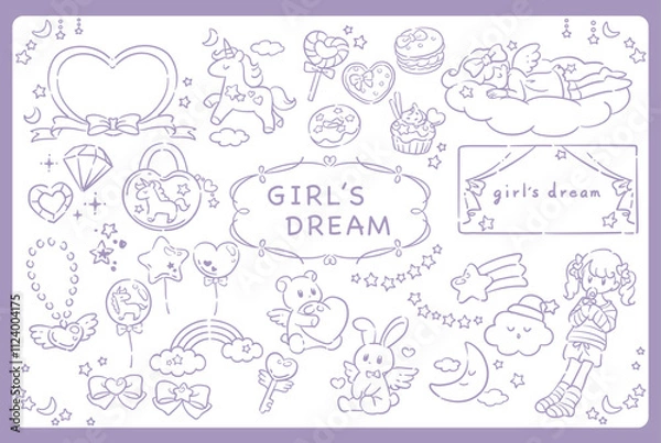 Obraz ゆめかわ、ガーリーなパステルトーンのイラスト素材。フレームも。ベクターイラスト素材。