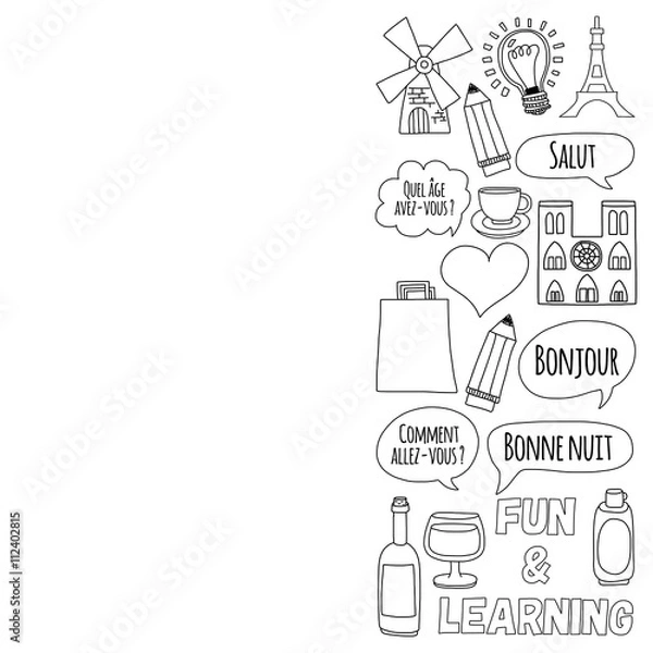 Fototapeta Online french courses Language school Vector set of doodle icons