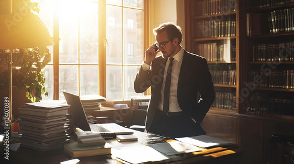 Fototapeta Professional Attorney in a Sophisticated Office Setting. Lawyer Reviewing Legal Work While Speaking on the Phone. Image Made Using Generative AI.