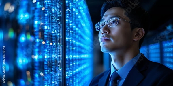 Fototapeta Asian AI development. IT engineer in front of rapidly calculating server wall.
