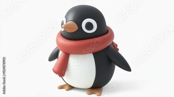 Fototapeta A cute cartoon penguin wearing a red scarf, designed for playful and cheerful aesthetics.