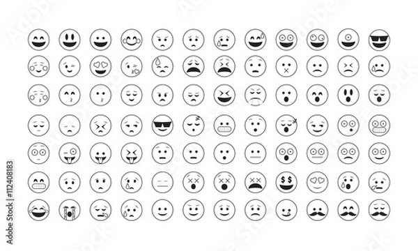 Fototapeta Set of black outline emoticon vector isolated on white background. Emoji vector. Smile icon set. Emoticon icon web.