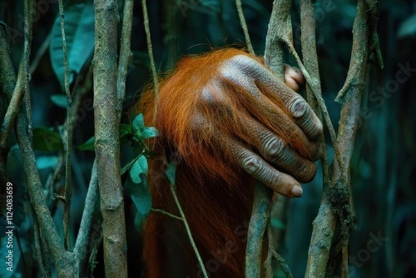 Fototapeta A close-up of an orangutan's hand gripping tree branches in a lush forest.