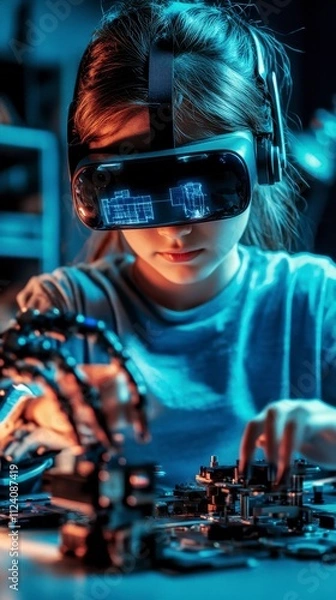 Fototapeta Child exploring technology with virtual reality headset