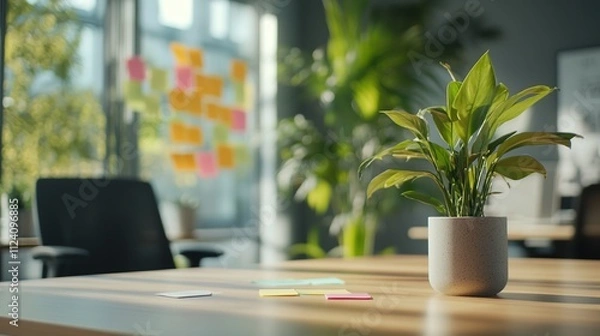 Fototapeta A tranquil office space with a plant and colorful sticky notes on the wall.