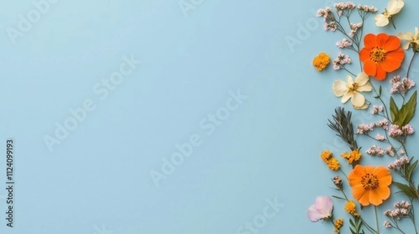 Fototapeta Valentine flowers and commitment concept. Colorful flowers arranged on a light blue background.