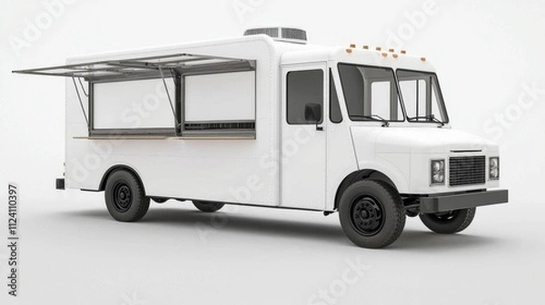 Fototapeta Mockup of white food truck with an open window with blank space on the side on a plain white background. , isolated on white background,  , copy space, copy space for text,