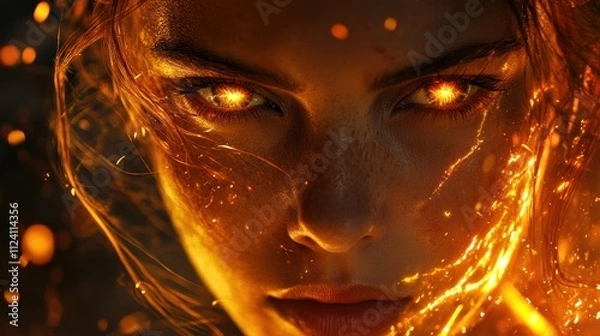 Fototapeta Fiery woman's face with glowing eyes, engulfed in flames. Perfect for fantasy, power, or mythical themes.