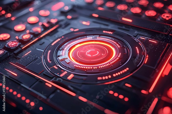 Fototapeta Red Futuristic Interface Glows Brightly,  Advanced Tech Display Shines Intensely