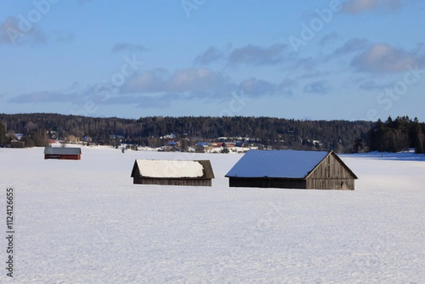 Obraz Three wooden barns in snow covered field on a sunny day of winter.