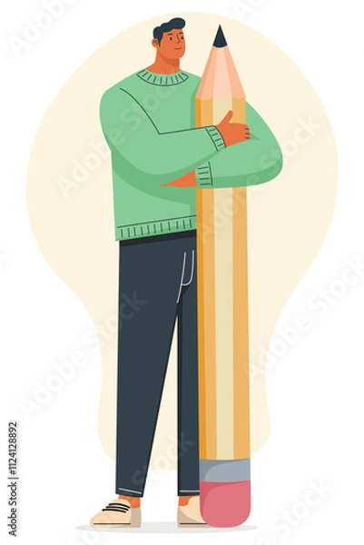 Fototapeta Vector illustration of a man embracing a giant pencil, representing creative thinking, writing, and design concepts.