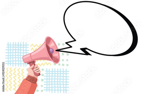 Fototapeta Vector illustration of a pink megaphone with a speech bubble, representing announcements, creativity, and promotion.